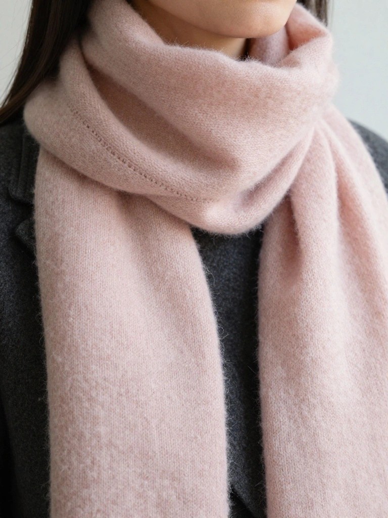 A close-up of a woman wearing a long fluffy pink knitted scarf draped loosely around her neck over a dark gray top.