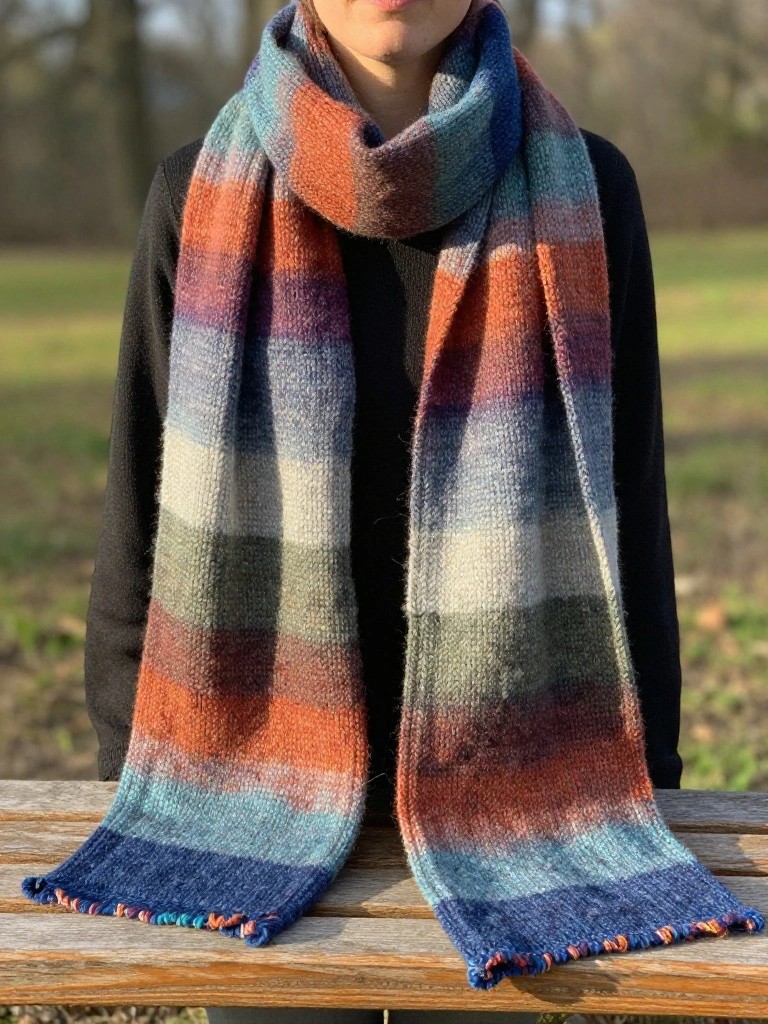 A woman models a long multicolored striped knitted scarf with fringe ends while sitting on an outdoor bench.