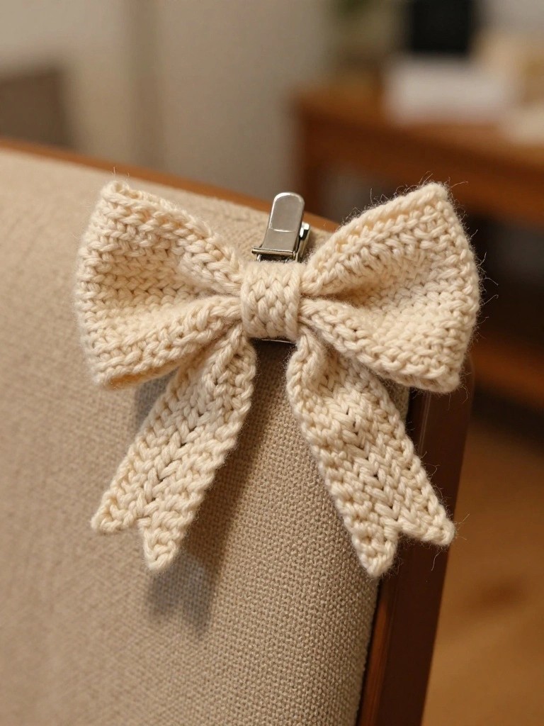 A cream-colored fuzzy knitted bow with long tails and a central metal alligator clip sits on the arm of a beige chair.