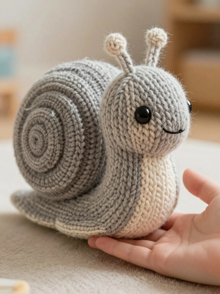 A gray knitted snail plush toy with white belly, black eyes, yarn antennae, and spiral shell sits on a floor held by a small hand.
