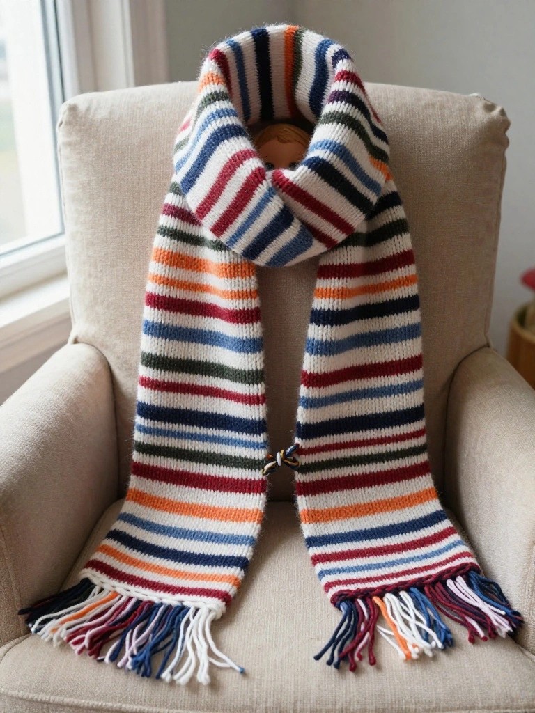 A long knitted scarf with wide horizontal stripes in red, blue, green, orange, and white, fringed ends, draped over a beige armchair.
