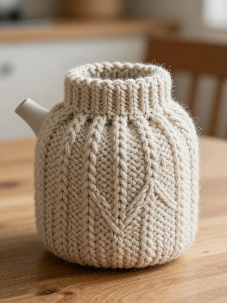 A cream-colored cable-knit cozy covers a white ceramic teapot on a wooden table.