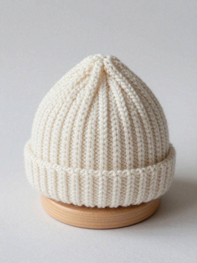 Cream-colored ribbed knitted beanie on a wooden stand.