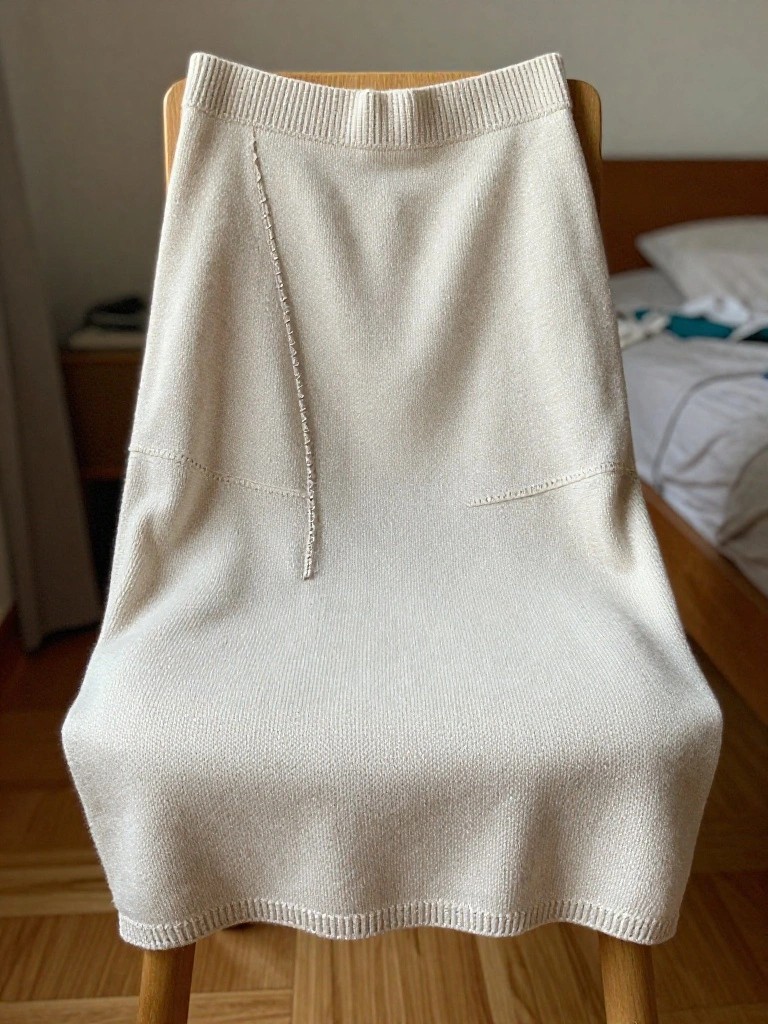 A light beige knitted skirt with ribbing at the waist and vertical front seams draped over a wooden chair.