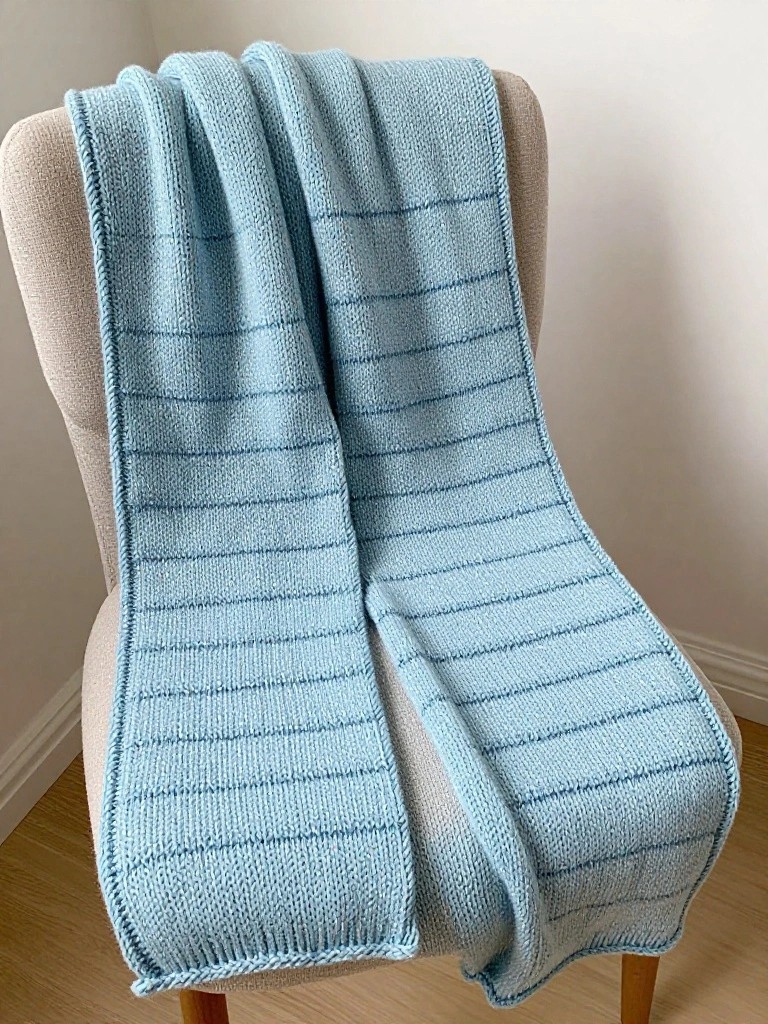 A pale blue rectangular knitted lap blanket with thin horizontal darker blue stripes draped over a beige armchair.