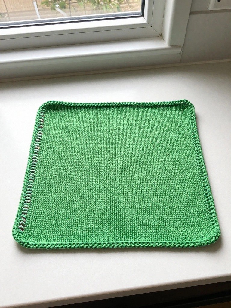 Square green knitted mat with dark edging sits on a white kitchen counter near a window.