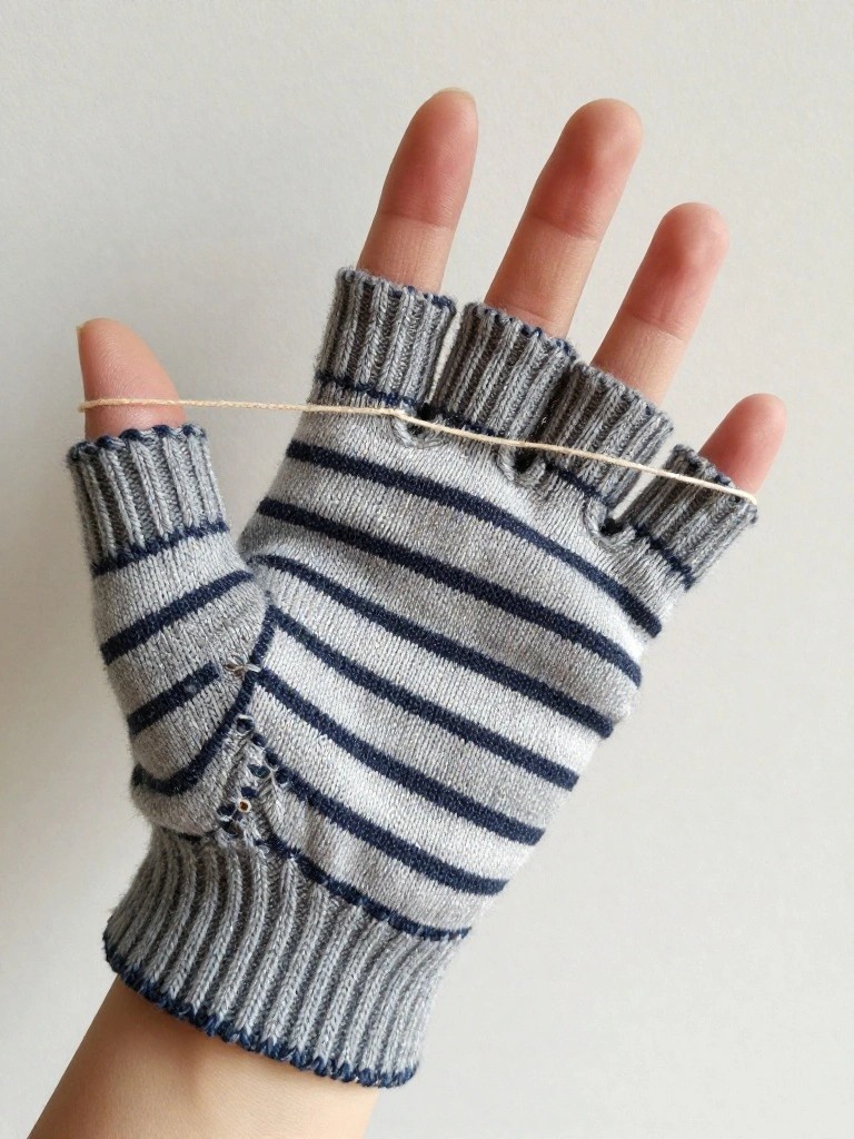 Hand wearing gray and white striped knitted fingerless mitts with ribbed cuffs and a loop of white string threaded through the fingertips.