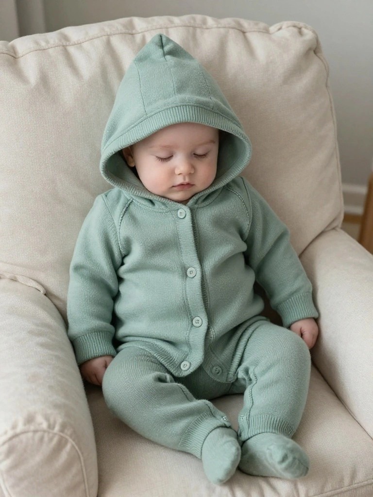 A baby sleeps in a mint green knitted hooded footie onesie while seated on a beige armchair.