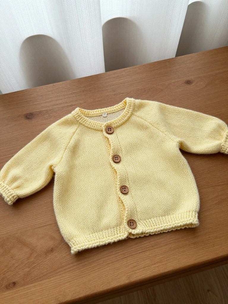A pale yellow knitted baby cardigan with wooden buttons lies flat on a wooden table against a white-curtained background.