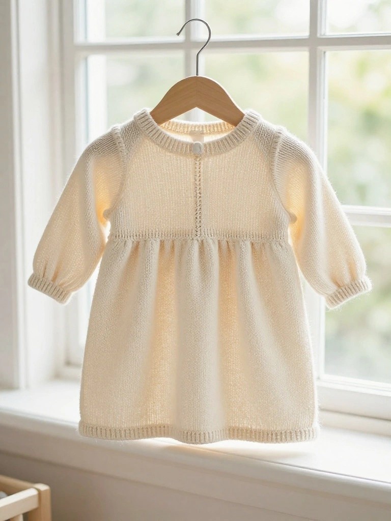 A cream-colored knitted baby dress with long puffed sleeves and gathered waist hangs on a wooden hanger by a window.