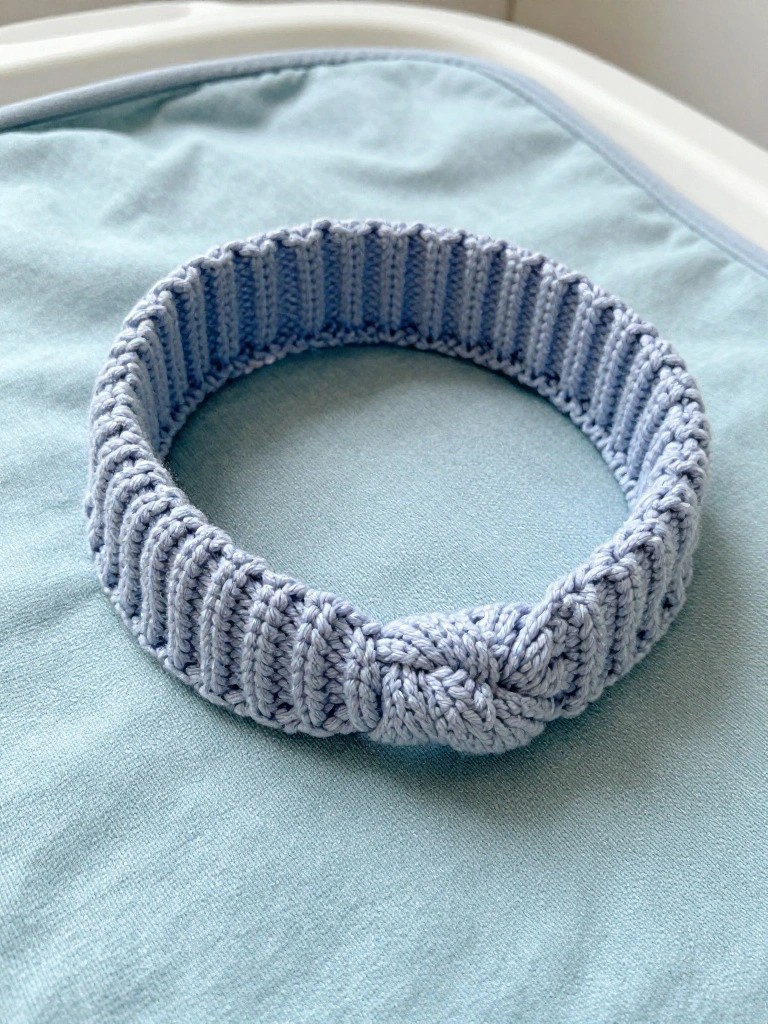 Light blue ribbed knitted headband twisted into a knot at the front, placed on a blue baby high chair tray.