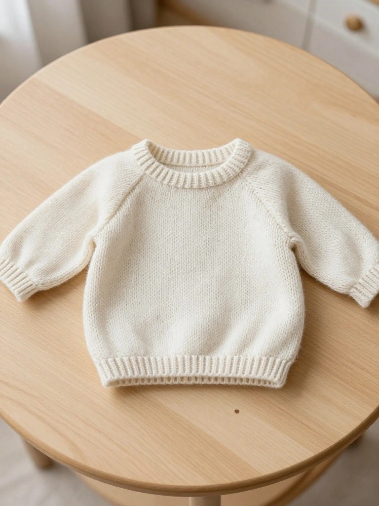 A small cream-colored knitted baby pullover sweater with raglan sleeves and ribbed edges laid flat on a wooden table.