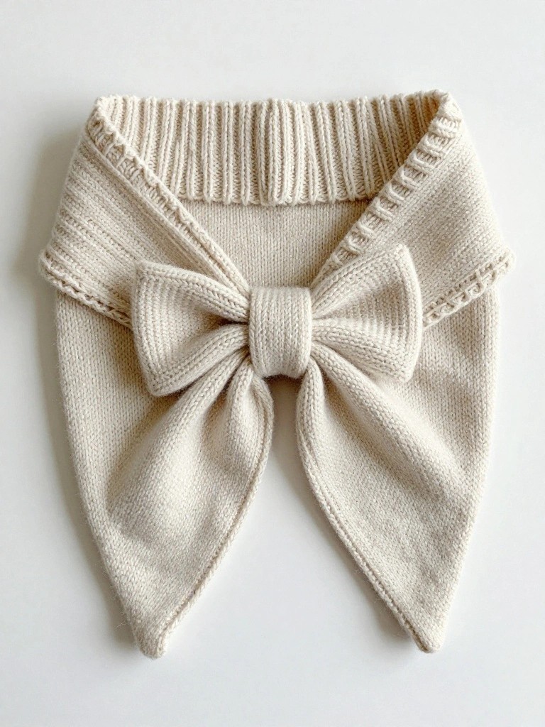Beige knitted collar with ribbed edges and a large centered bow.