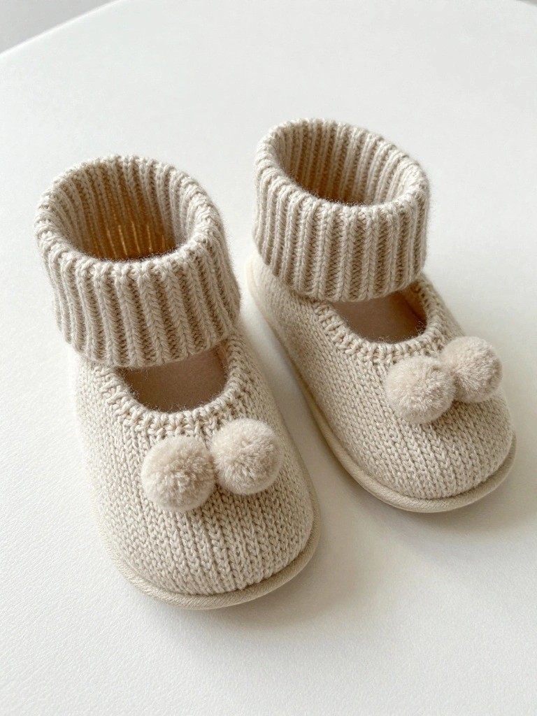 Pair of cream-colored knitted baby booties with folded ribbed cuffs and two fuzzy pom poms on each front.