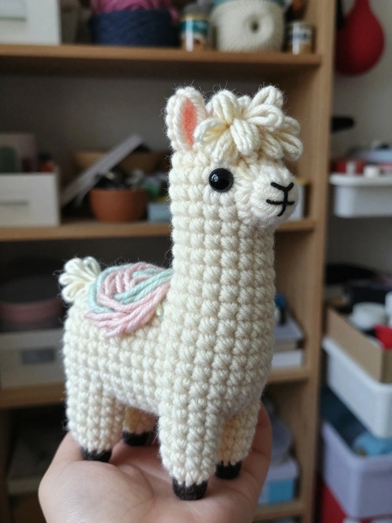A hand holds a small crocheted white llama with black-tipped feet, a fluffy cream mane, pink inner ears, and a pastel pink and mint saddle.