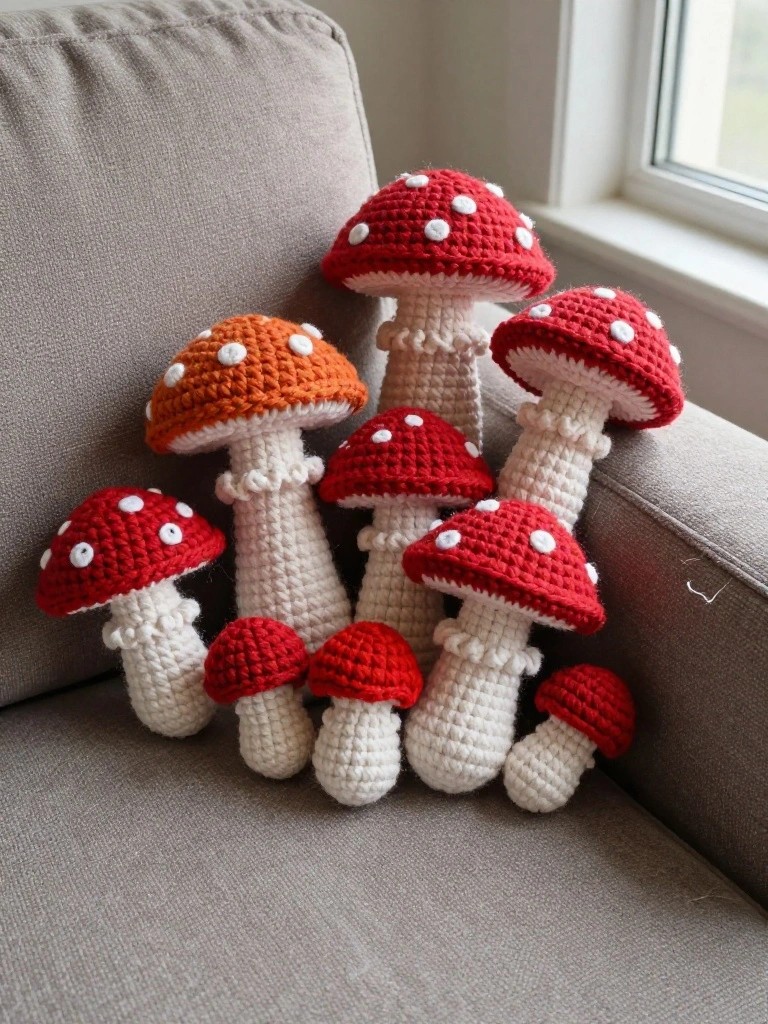 Crocheted red and orange mushrooms with white spots on a gray couch.