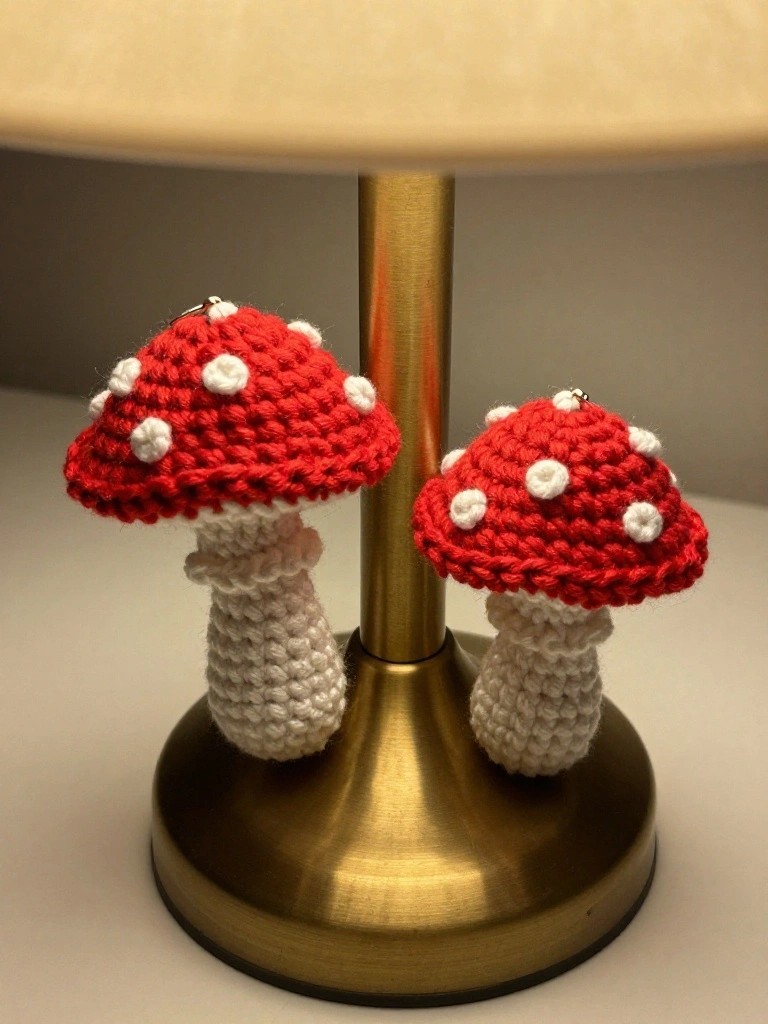 Two crocheted red-and-white mushroom keychains on a brass lamp base.