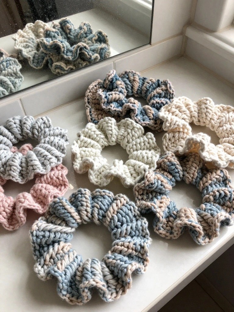 Several bulky crocheted scrunchies in pastel variegated yarns arranged on a white bathroom ledge.