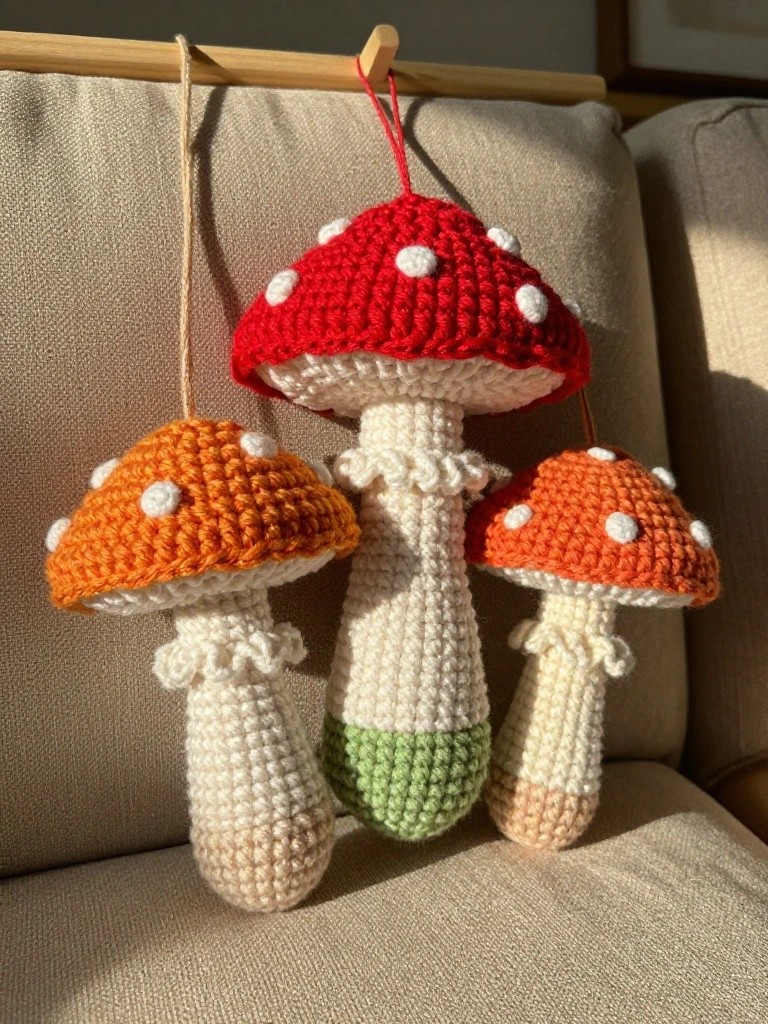 Three crocheted mushrooms with red and orange caps hang by strings from a wooden rod.
