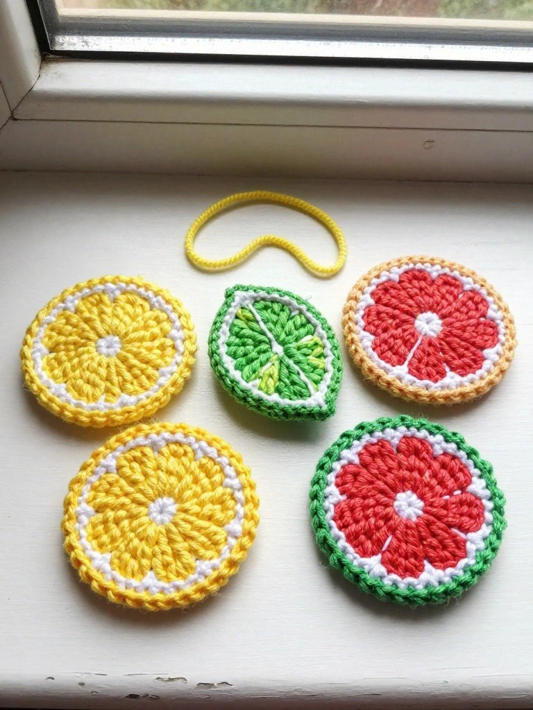 Crocheted coasters in the shapes of lemon, lime, and grapefruit slices sit on a white windowsill next to a yellow cord.