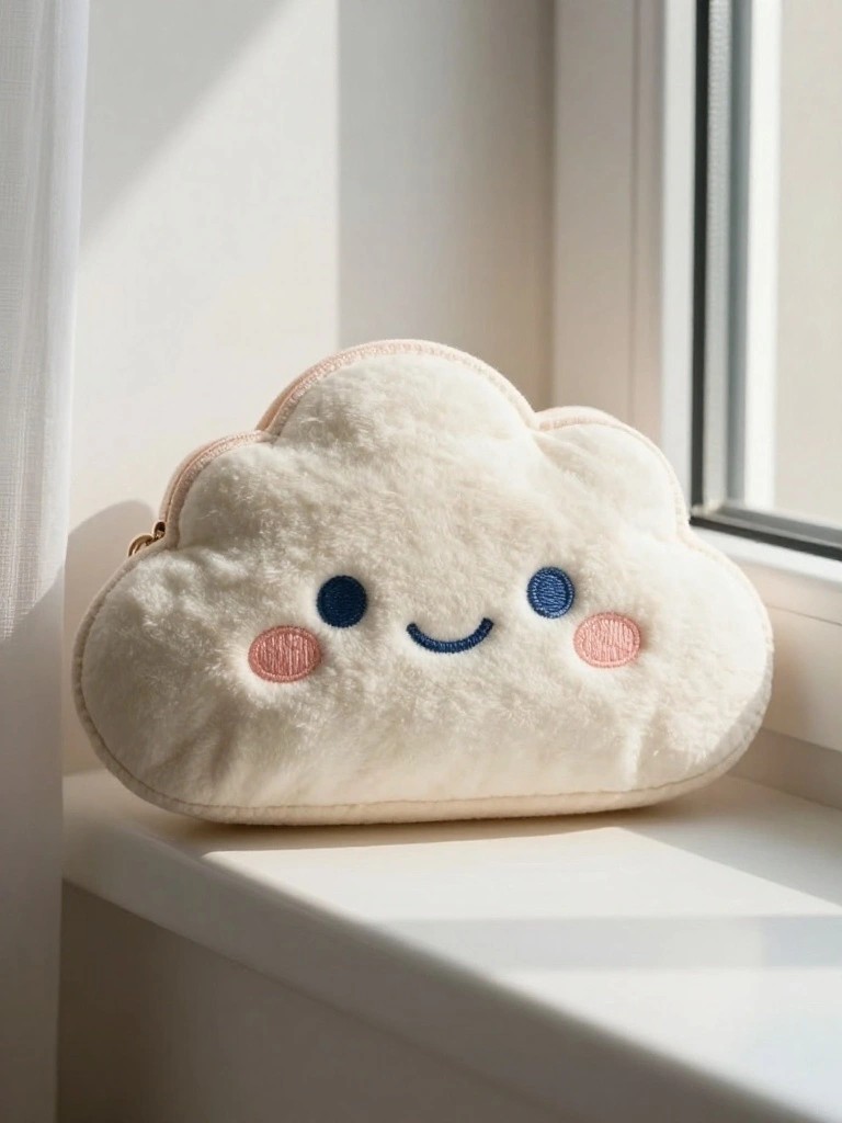 A white cloud-shaped plush pouch with blue eyes, a blue smile, and pink cheeks rests on a windowsill.
