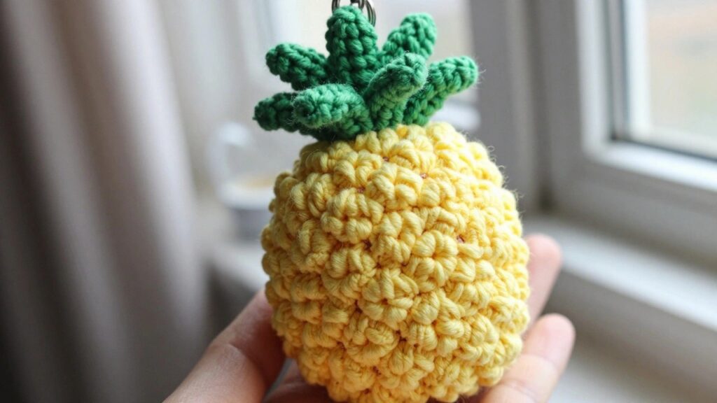 A crocheted yellow pineapple keychain with green leaves on top and a simple face, held by a metal ring.