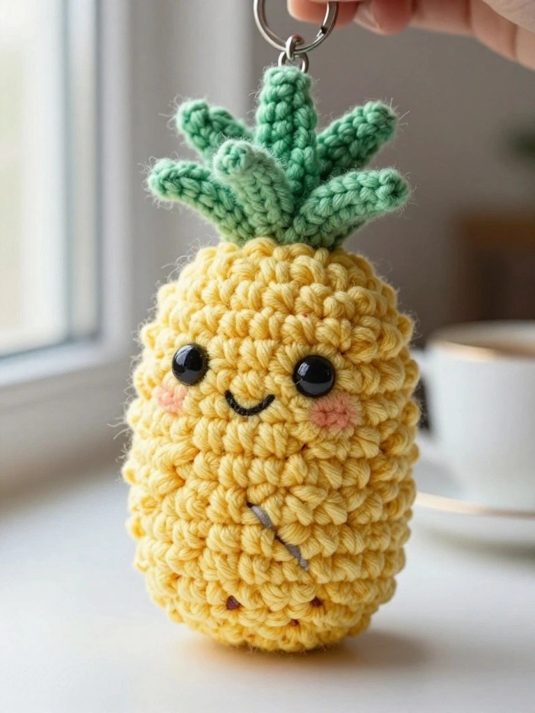 A crocheted yellow pineapple keychain with green leaves on top and a simple face, held by a metal ring.