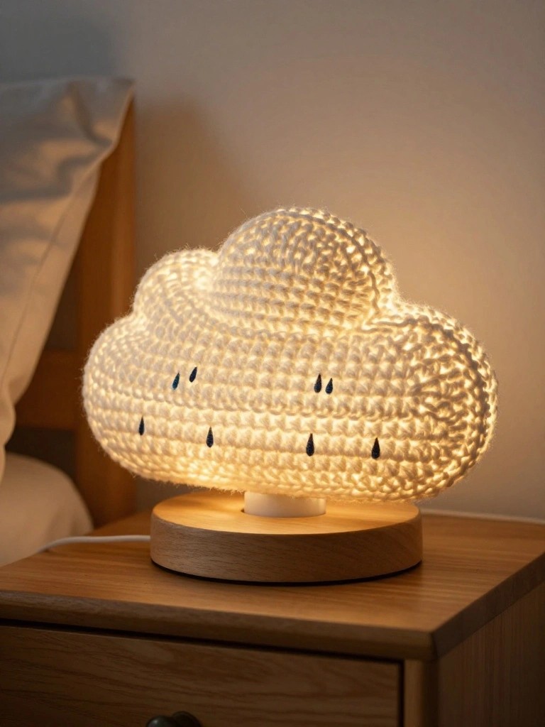 Crocheted cloud-shaped glowing night lamp on wooden bedside table.