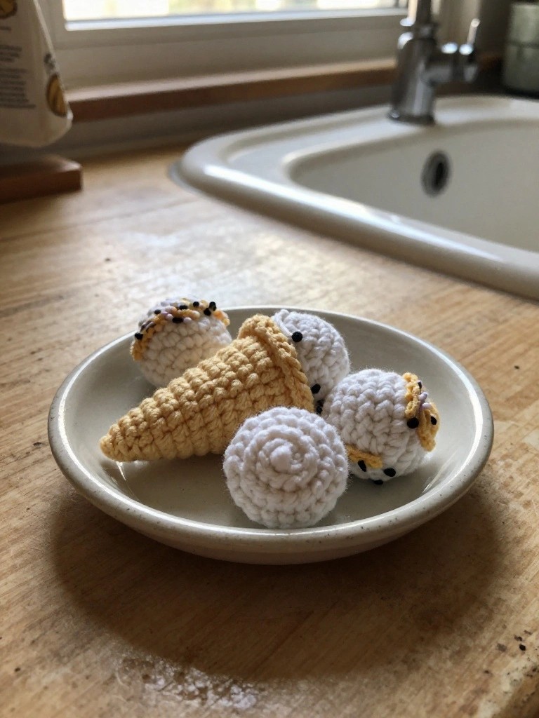 A white plate holds a yellow crochet ice cream cone and several white crochet scoops, some with small faces, on a wooden kitchen counter.