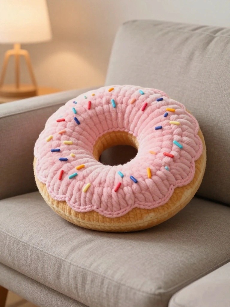 Pink frosted donut pillow with colorful sprinkles on gray couch.