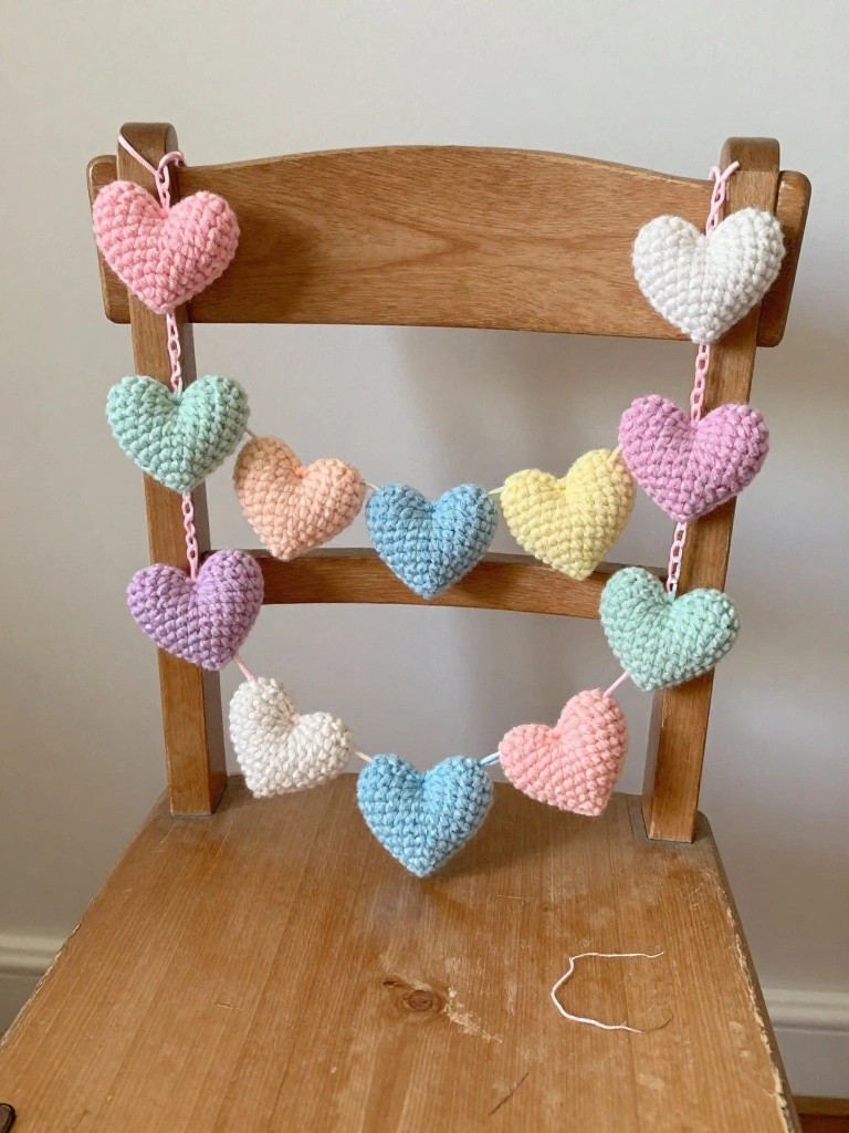 Crocheted pastel hearts on pink chain garland draped over wooden chair.