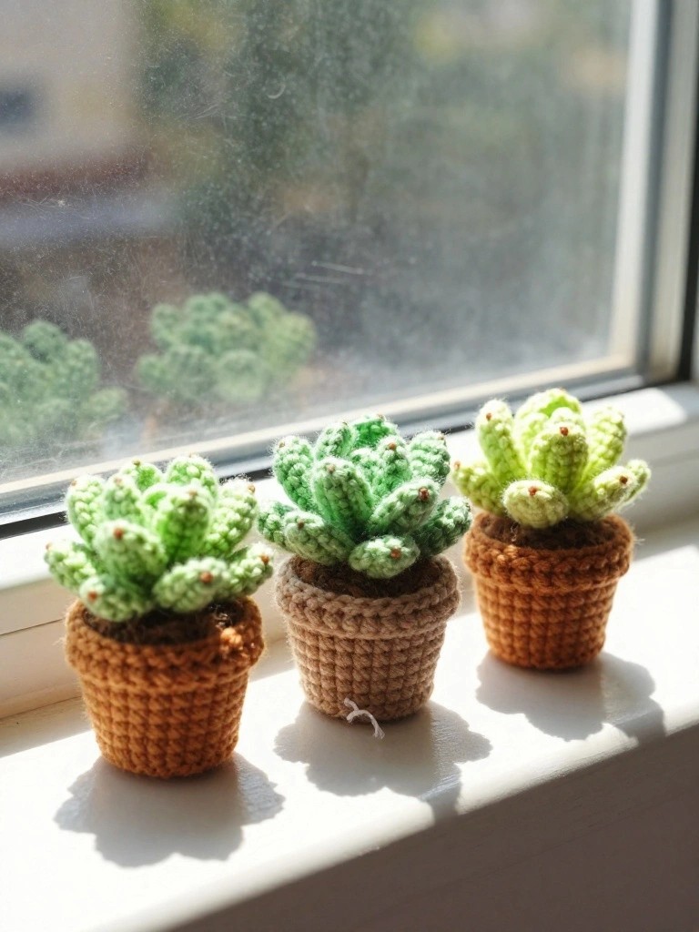 Three crocheted cacti in brown pots on a sunny windowsill.