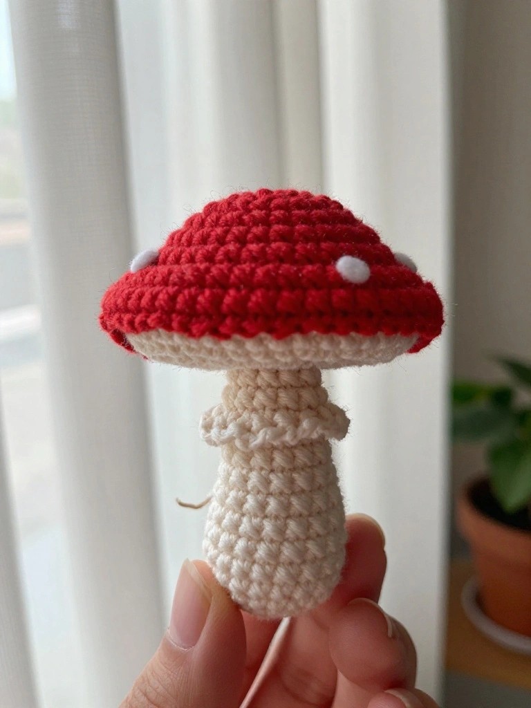 Hand holding a crocheted red and white mushroom with white spots.