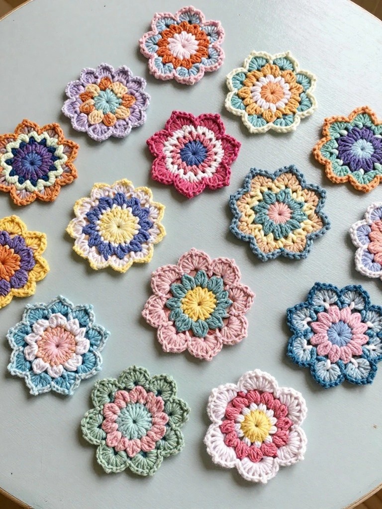 Colorful crocheted flower motifs scattered on a light surface.