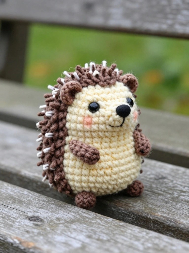 Crocheted hedgehog toy with brown spines and cream body on wood.
