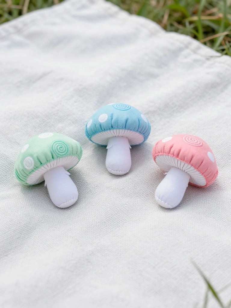 Three pastel plush mushrooms on white fabric outdoors.