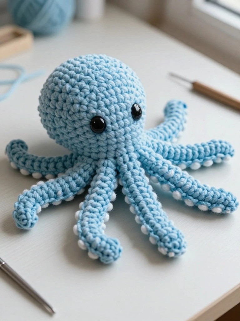 Crocheted light blue octopus with white-tipped tentacles on white table.