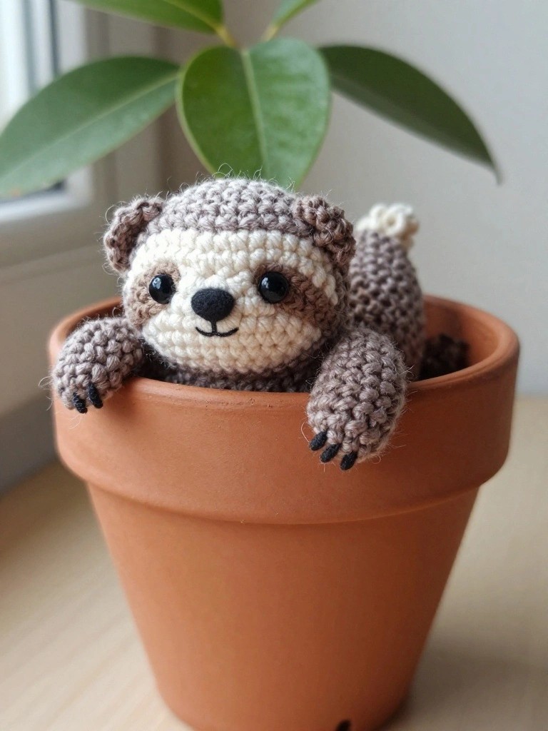 Crocheted sloth toy peeking from terracotta plant pot.