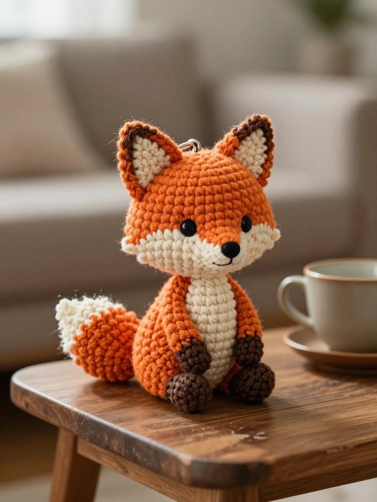 Crocheted orange fox keychain on wooden table beside teacup.