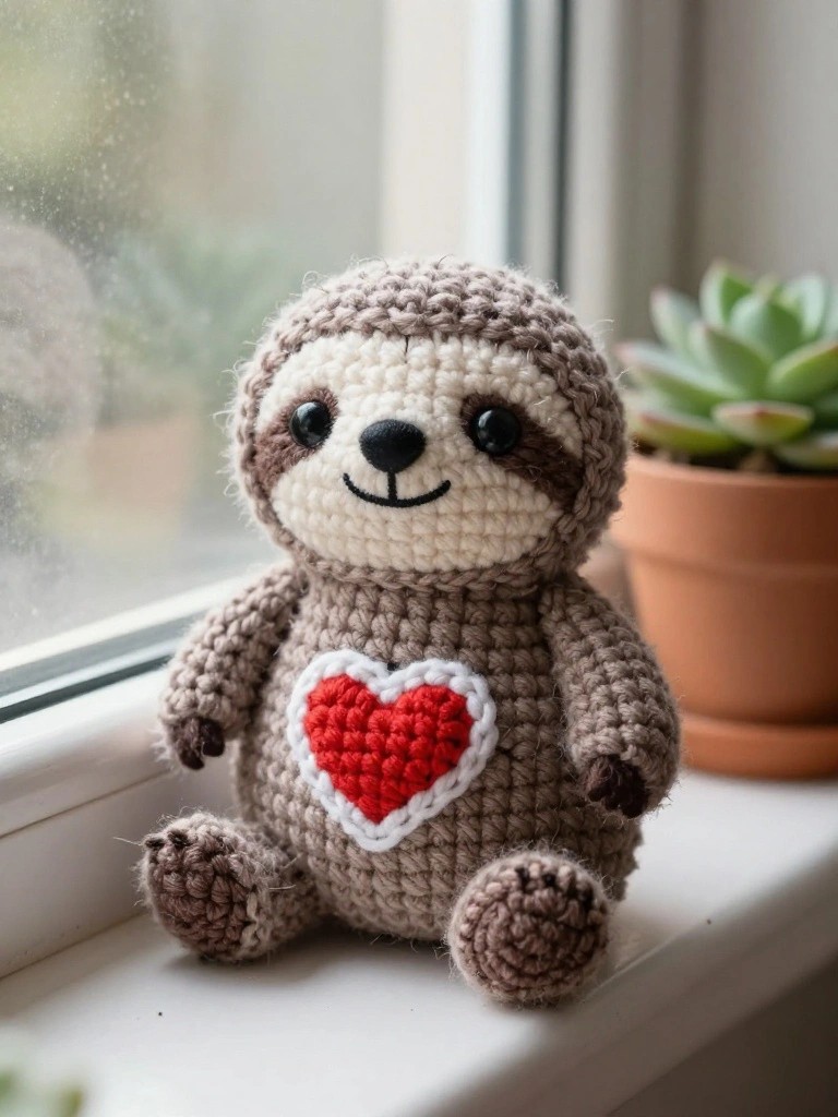 Crochet Sloth Plush with Heart Patch
