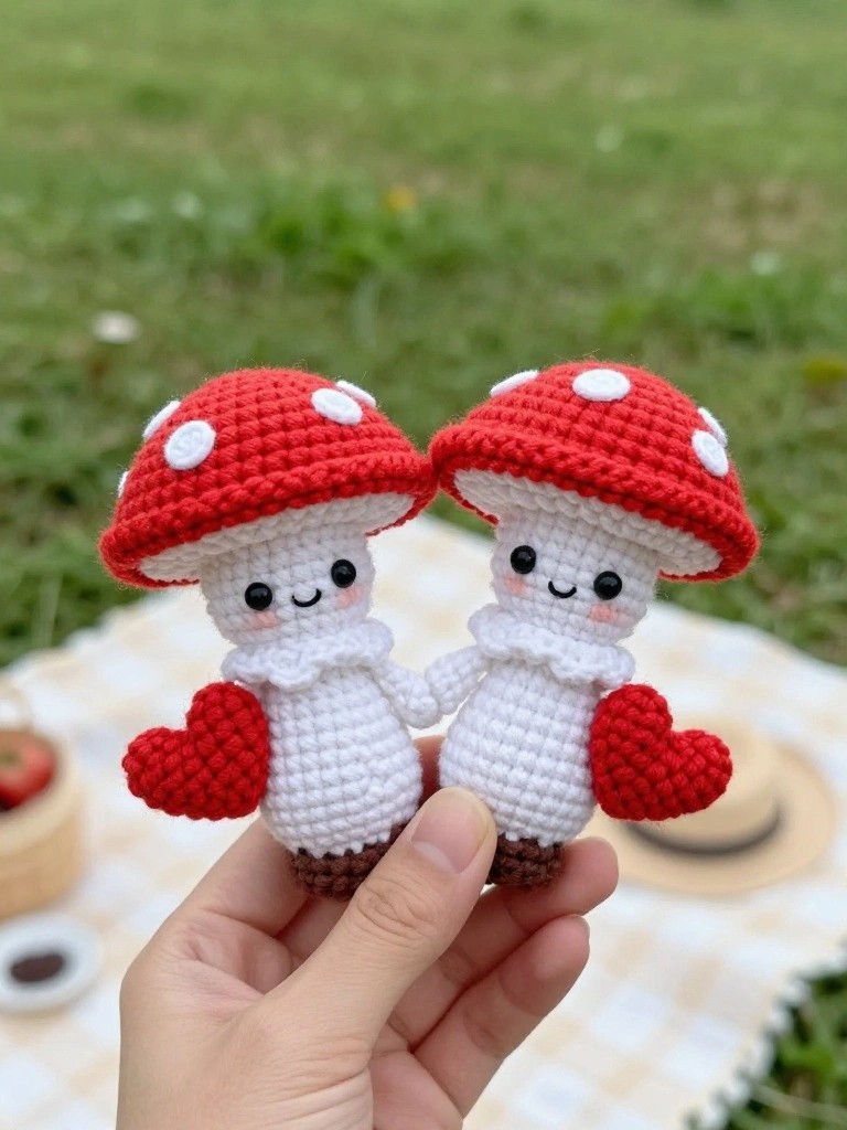 Mushroom Amigurumi Holding Hearts