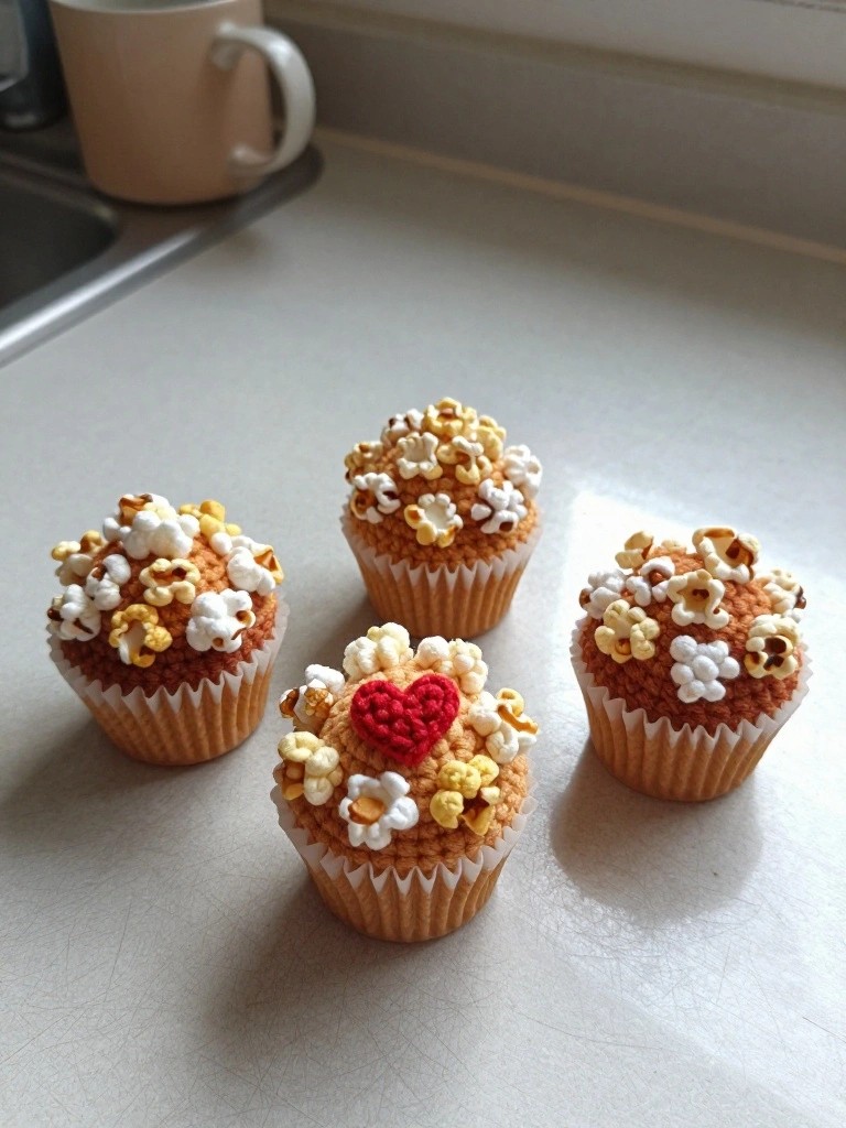 Popcorn-Topped Crochet Cupcakes