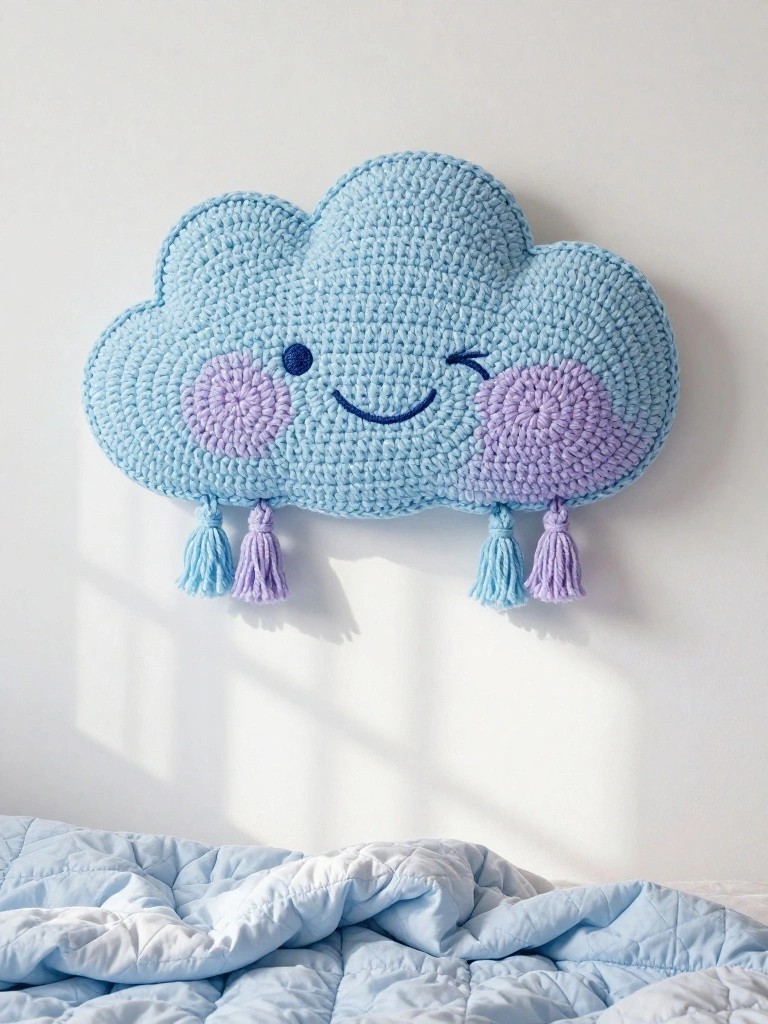 Crochet Cloud Pillow with Tassel Details