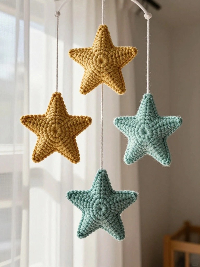 Crochet Stars Hung as a Nursery Mobile