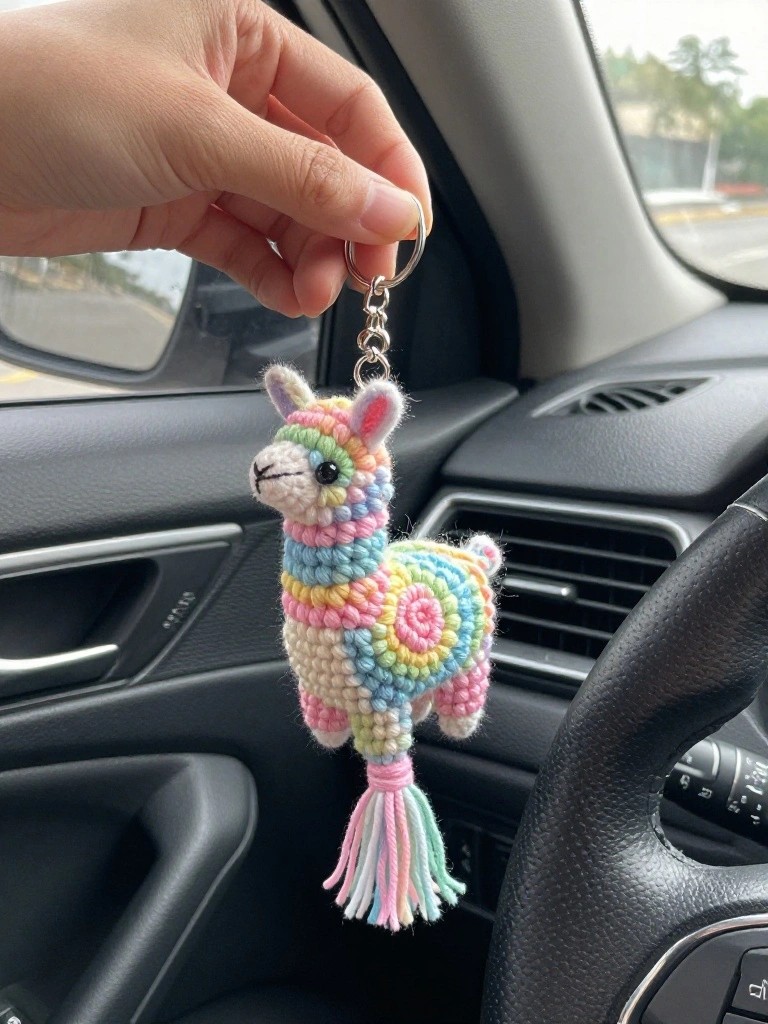 A hand holds a small crocheted llama keychain with rainbow stripes and a tassel inside a car.