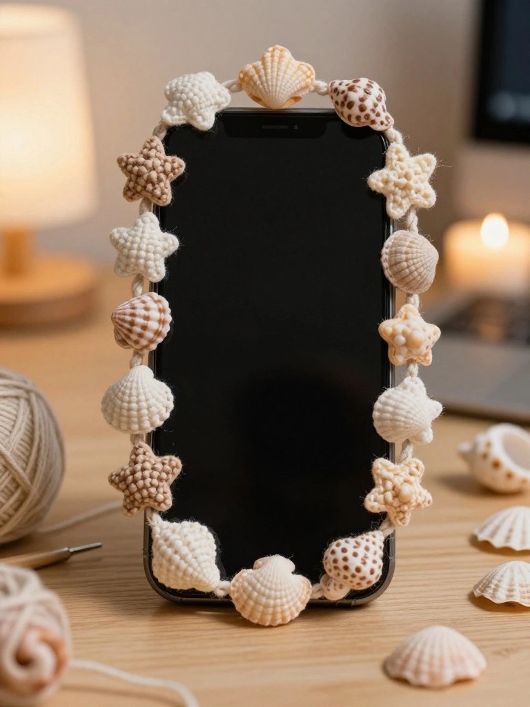 A black smartphone on a wooden table with a crocheted chain of seashells and starfish wrapped around its edges.