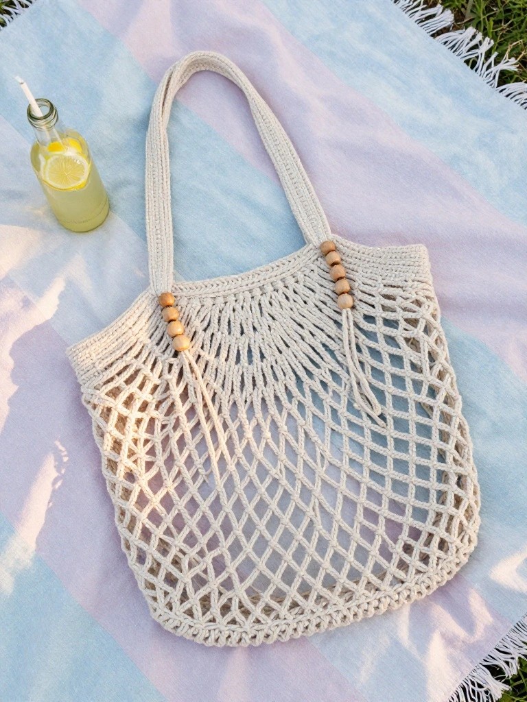 Open Mesh Crochet Tote with Bead Accents