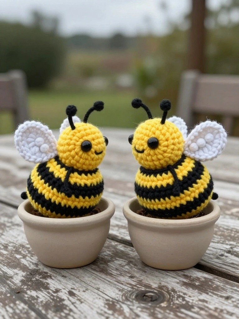 Mini Amigurumi Bees in Small Pots
