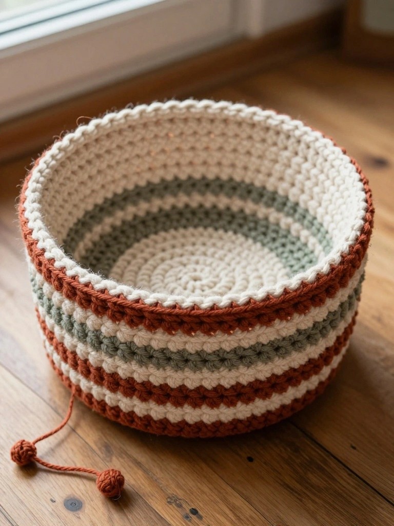 A round crocheted basket with horizontal stripes in cream, terracotta, and sage sits on a wooden floor.