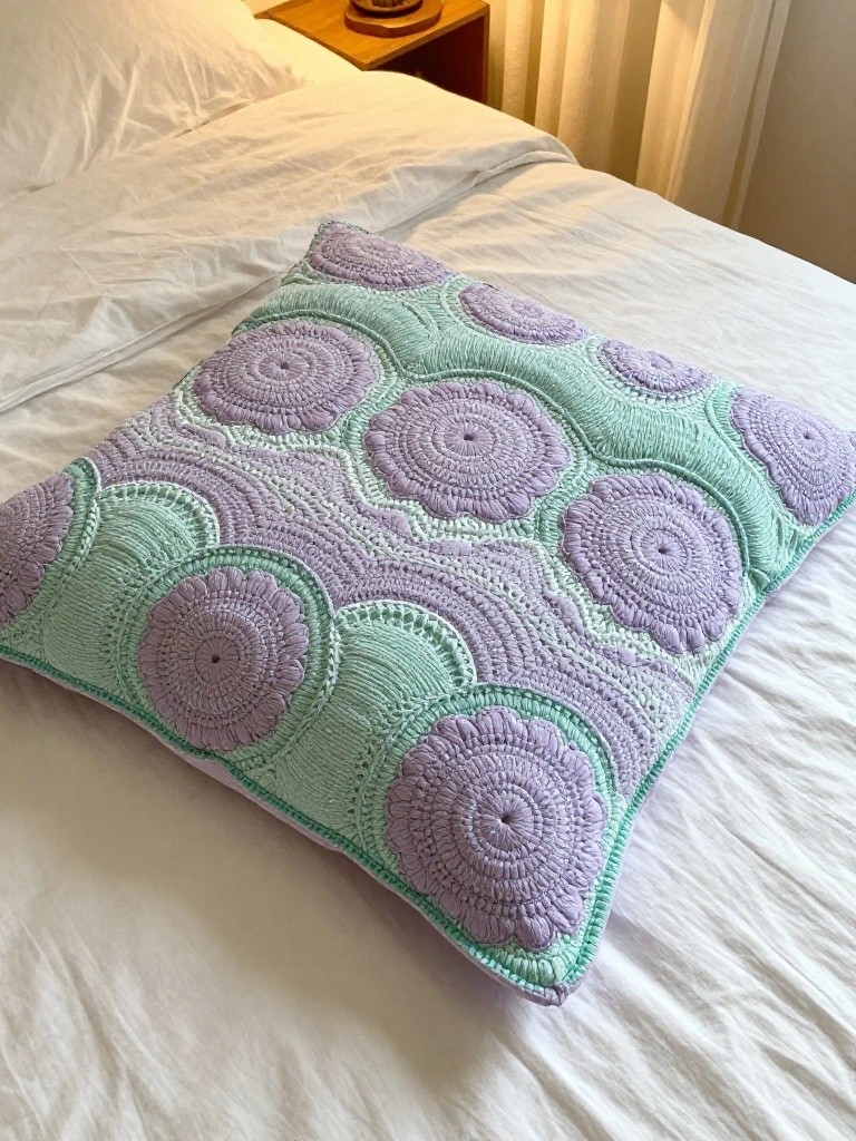 A crocheted pillow cover made of mint green and lavender circular motifs lies on white bedsheets.